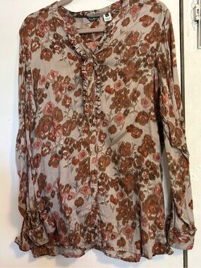 Eddie Bauer Taupe Blouse with Rust Floral Accents